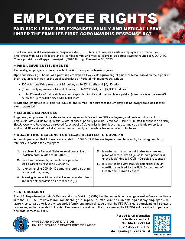 A document from the US department of Labor. The title reads: Employee Rights: paid sick leave and expanded family and medical leave under the families first coronavirus response act.